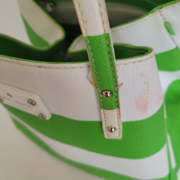 Kate Spade Tote Purse White Lime Green Stripped Saffiano Leather Shoulder Bag - Picture 13 of 13